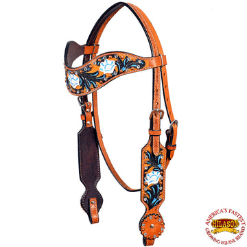 Hilason Western Horse Headstall Bridle American Leather Tan Floral Black Inlay